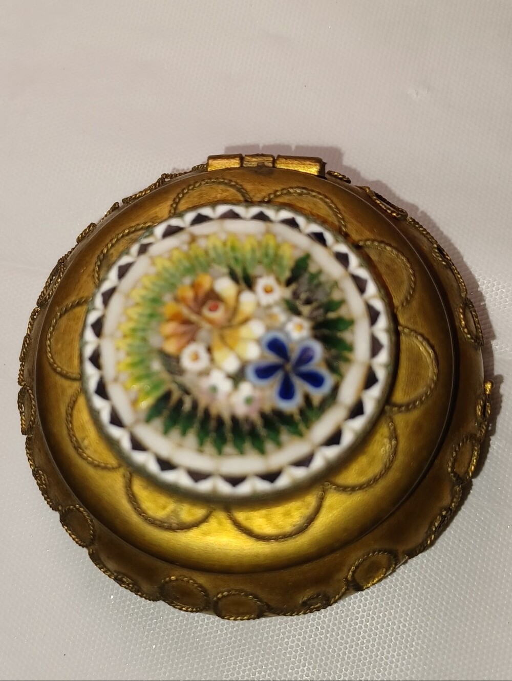 Vintage Italian Micro Mosaic Millifiori Brass Pillbox With Hinged Lid Victorian